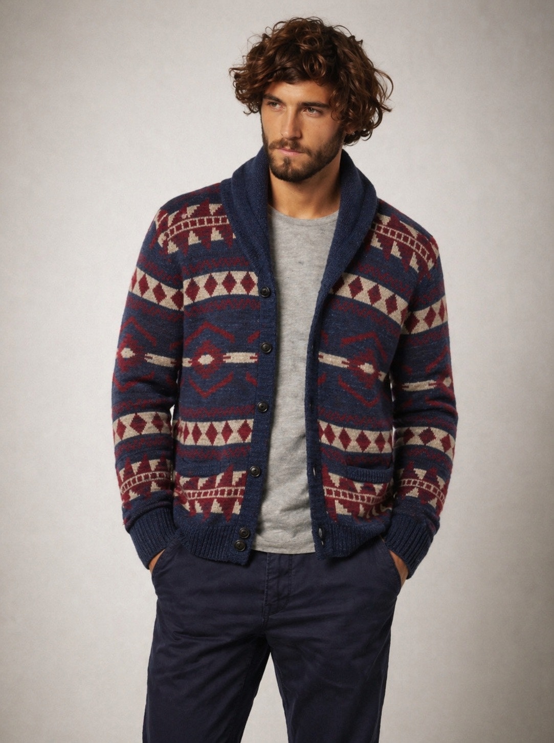Denim & Supply Men’s Aztec Southwestern Cardigan Knit Sweater Medium Blue